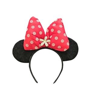 Disney Parks Minnie Mouse Polka Dot Glitter Ear Headband Red Black Flower O/S